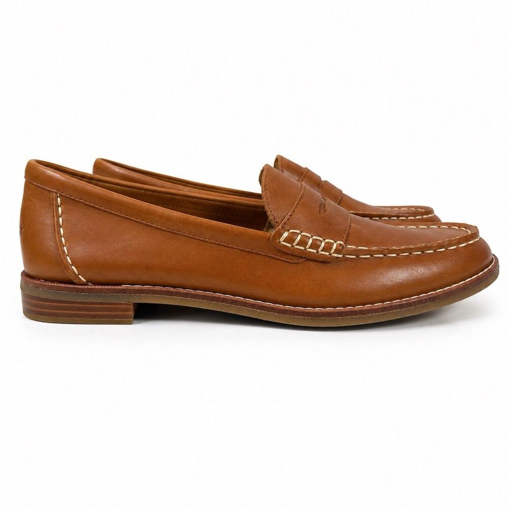 Sperry Womens 8 Brown Leather Penny Loafers Moc Toe Preppy Classic Slip On Shoe